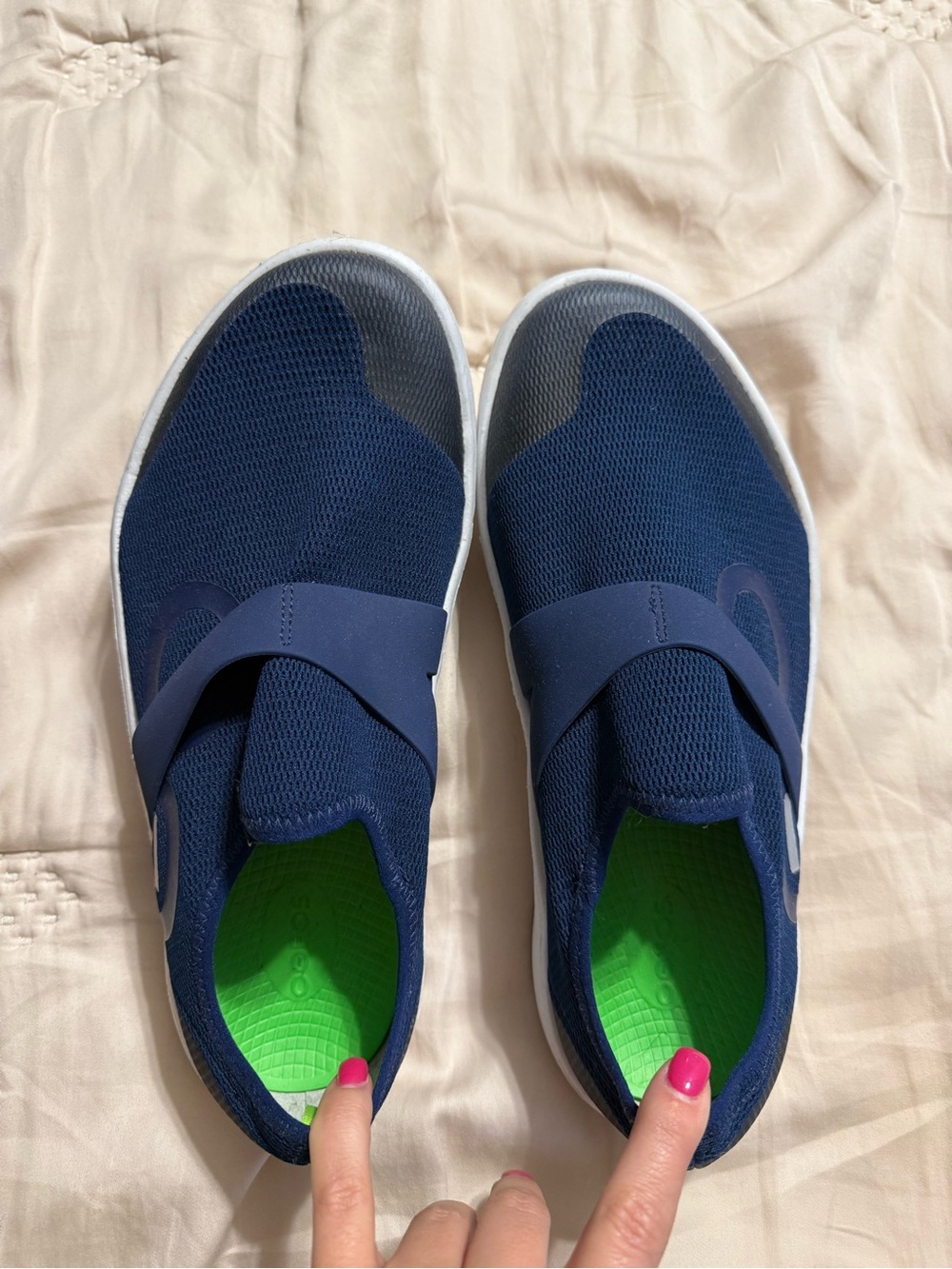 OOFOS Navy Slip-On Loafers with Green Insole